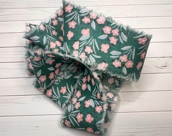 Pink and Green Floral Cotton Frayed Fabric Ribbon, Hand-torn Fabric Strip