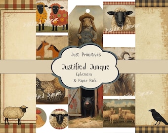 Just Primitives Folk Pages and Ephemera, Primitive Stickers and Tags, Prim Journal Cards