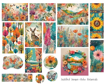 Vibrant Boho Botanical Digital Ephemera for Junk Journals, Collage Art & Creative Projects