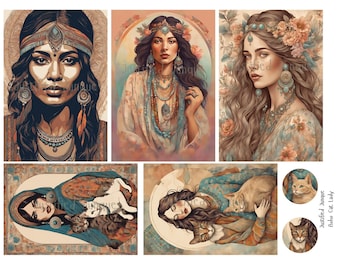 Vintage Boho Cat Lady Papers and Ephemera Creative Pack