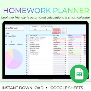 Op de afbeelding: Een digitale huiswerkplanner op een laptopscherm met een takenlijst, cirkeldiagram en voortgangstracker. De interface bevat kolommen voor taaknaam, taaktype en onderwerp, met een kleine illustratie van gestapelde boeken en een kat.