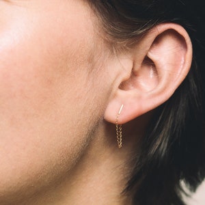 Tiny 14 Karat solid Gold Line Earring- 14 Karat solid Gold  Chain Bar Stud- Gold Bar Earring- Gold Chain Earring