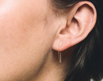 Tiny 14 Karat solid Gold Line Earring- 14 Karat solid Gold  Chain Bar Stud- Gold Bar Earring- Gold Chain Earring