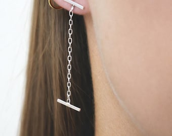 Sterling Silver Chain Drop Earrings – Minimalist Bar Studs