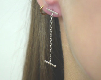 Sterling Silver Line chain Earring- Silver Ball Earring- Silver Bar Stud- chain bar earring