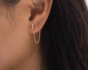 Tiny 14 Karat Gold Line Earring- Double Chain bar Earring-  Chain Gold Bar Stud- Yellow gold bar earring- double piercing stud