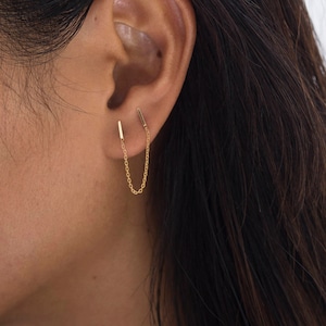 Tiny 14 Karat Gold Line Earring Double Chain bar Earring Chain Gold Bar Stud Yellow gold bar earring double piercing stud image 1