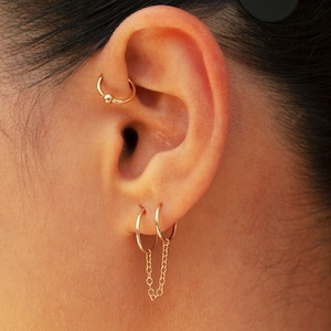 14 Karat Gold hoop Earring- Double Chain hoop Earring-  Chain Gold Bar Stud- Yellow gold hoop chainearring