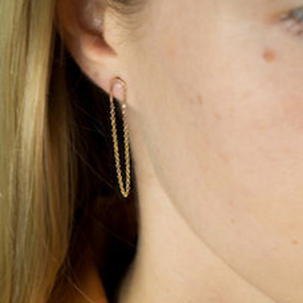 Tiny 14 Karat Gold Fill Line Earring- Gold Fill Chain bar Earring-  Chain Gold Bar Stud- Yellow gold bar earring