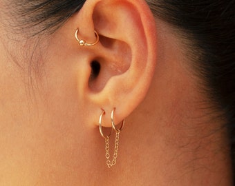 14 Karat Gold hoop Earring- Double Chain hoop Earring-  Chain Gold Bar Stud- Yellow gold hoop chainearring