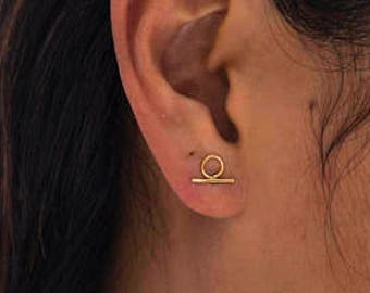 Tiny Long 14 Karat Gold Omega Earrings- 14 Karat solid Gold Line Studs- Gold Bar Earrings- tiny gold bar studs