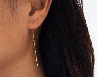Real 14 Karat Gold Line Thread Earring- 14kThread Chain bar Earring-  Chain Gold Bar Stud- Yellow gold bar earring- Threader Bar Earring
