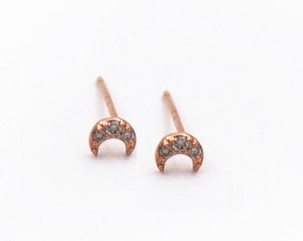 14 Karat Gold MOON Earrings With Diamonds - 14 Karat solid Crescent Moon Stud - Diamond Moon Earrings- Diamond Bars