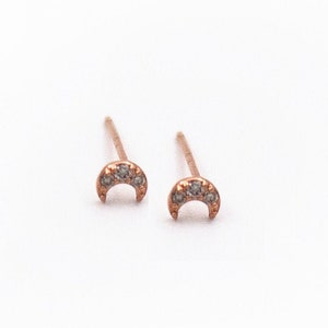 14 Karat Gold MOON Earrings With Diamonds - 14 Karat solid Crescent Moon Stud - Diamond Moon Earrings- Diamond Bars