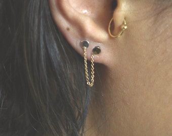 Tiny 14 Karat Gold Fill Dot Earring- Gold Fill Chain circle Earring-  Chain Gold Bar Stud- Yellow gold bar earring