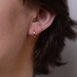 14K Solid Gold Huggie Earrings, 10mm Small Hoops