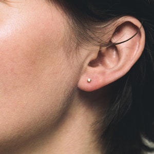May include: A close-up of a person's ear with a small, gold stud earring. The earring is a simple, minimalist design.
