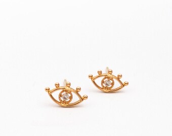 14 Karat SOLID Gold Eye Diamond Earrings With REAL Diamond - 14 Karat solid Gold Evil Eye Studs- Diamond Earrings- Diamond Bars