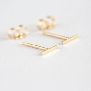 Tiny Solid 14 Karat Gold Line Earrings 14 Karat solid Gold Line Studs Gold Bar Earrings Gold bar Studs Staple Earrings image 1