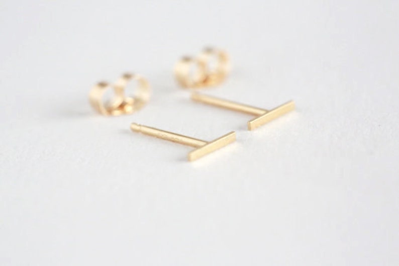 Tiny Solid 14 Karat Gold Line Earrings 14 Karat solid Gold Line Studs Gold Bar Earrings Gold bar Studs Staple Earrings image 1