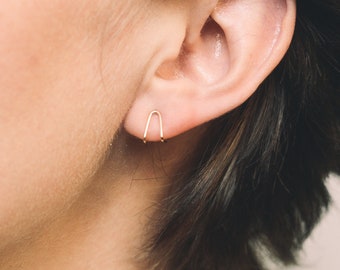Tiny 14 Karat Gold Line Earrings- 14 Karat Gold V Studs, Gold V Earrings- tiny gold bar studs