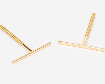 14K Gold Bar Stud Earrings, Solid Gold Line Studs, Tiny Gold Stud Earrings, Dainty Minimal Earrings, Everyday Gold Studs