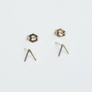 Tiny 14 Karat Gold Line Earrings, 14 Karat solid Gold V Studs, Gold V Earrings. tiny gold bar studs