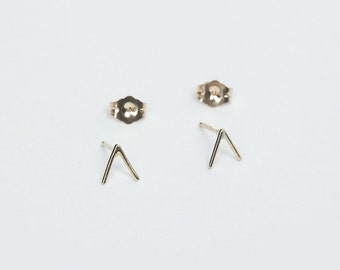 Tiny 14 Karat Gold Line Earrings, 14 Karat solid Gold V Studs, Gold V Earrings. tiny gold bar studs