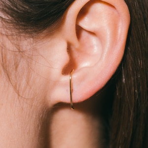 May include: A close-up of a person's ear with a thin gold hoop earring. The earring is a simple, minimalist design.