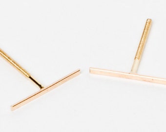 Tiny Long 14 Karat Gold Line Earrings- 14 Karat solid Gold Line Studs- Gold Bar Earrings- tiny gold bar studs