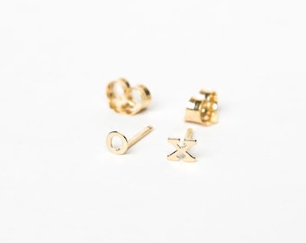 Tiny Solid 14 Karat Gold initial earrings- 14 Karat solid Gold letter earrings- Custom initial Gold earrings-  layered earrings-