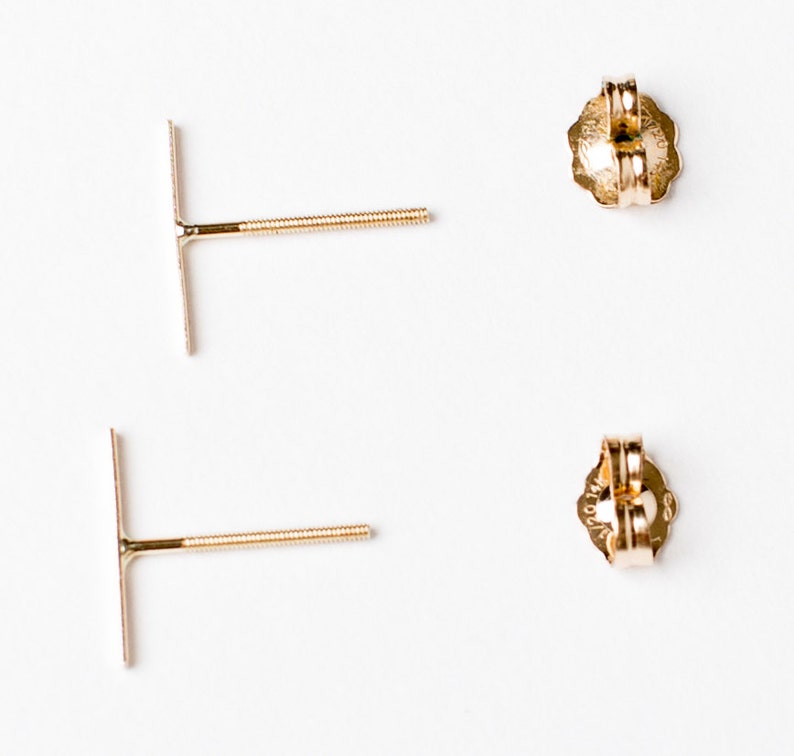 Tiny Long 14 Karat Gold Line Earrings 14 Karat solid Gold Line Studs Gold Bar Earrings tiny gold bar studs image 3