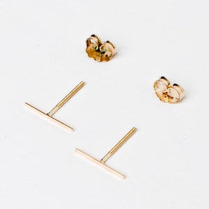 Tiny Long 14 Karat Gold Line Earrings 14 Karat solid Gold Line Studs Gold Bar Earrings tiny gold bar studs image 2