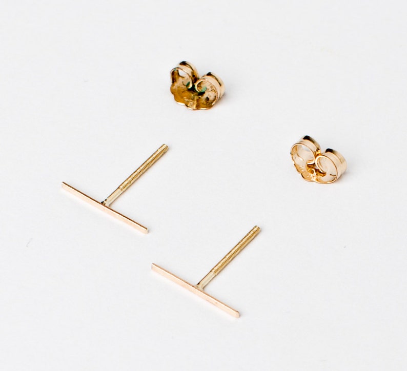 Tiny Long 14 Karat Gold Line Earrings 14 Karat solid Gold Line Studs Gold Bar Earrings tiny gold bar studs image 2