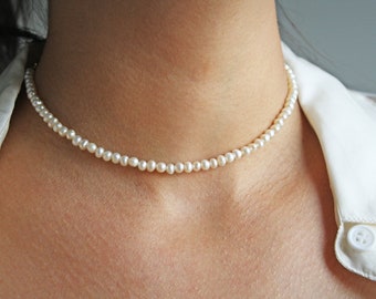 14 Karat Real Pearl Choker- Pearl Necklace- Custom Pearl Choker- Dainty Pearl Necklace- Single Strand Thin Choker Beaded Pearl Wedding