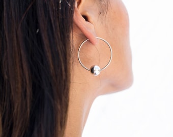 Silver Hoops- Silver Ball Hoop Earrings- Retro Earrings- Silver Bead Hoop