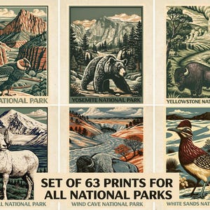 May include: A collection of six vintage-style prints featuring national park scenes. Each print showcases a different park, including Zion, Yosemite, and Yellowstone, with illustrations of local wildlife and landscapes. The text "SET OF 63 PRINTS FOR ALL NATIONAL PARKS" is also visible.