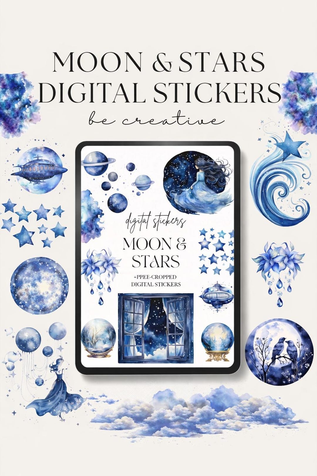 Moon & Stars Digital Stickers | Blue Celestial Printable Stickers ...