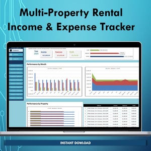 Può includere: Un laptop che mostra un dashboard finanziario intitolato "Multi-Property Rental Income & Expense Tracker". Lo schermo mostra grafici e tabelle di dati per entrate, spese e profitti, con il testo "INSTANT DOWLOAD" in basso.