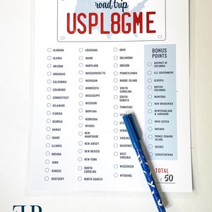 May include: A printable road trip checklist with a red, white, and blue USPL8GME license plate design. The checklist includes a list of states and provinces to check off, along with bonus points for visiting certain locations. The total points possible is 50.