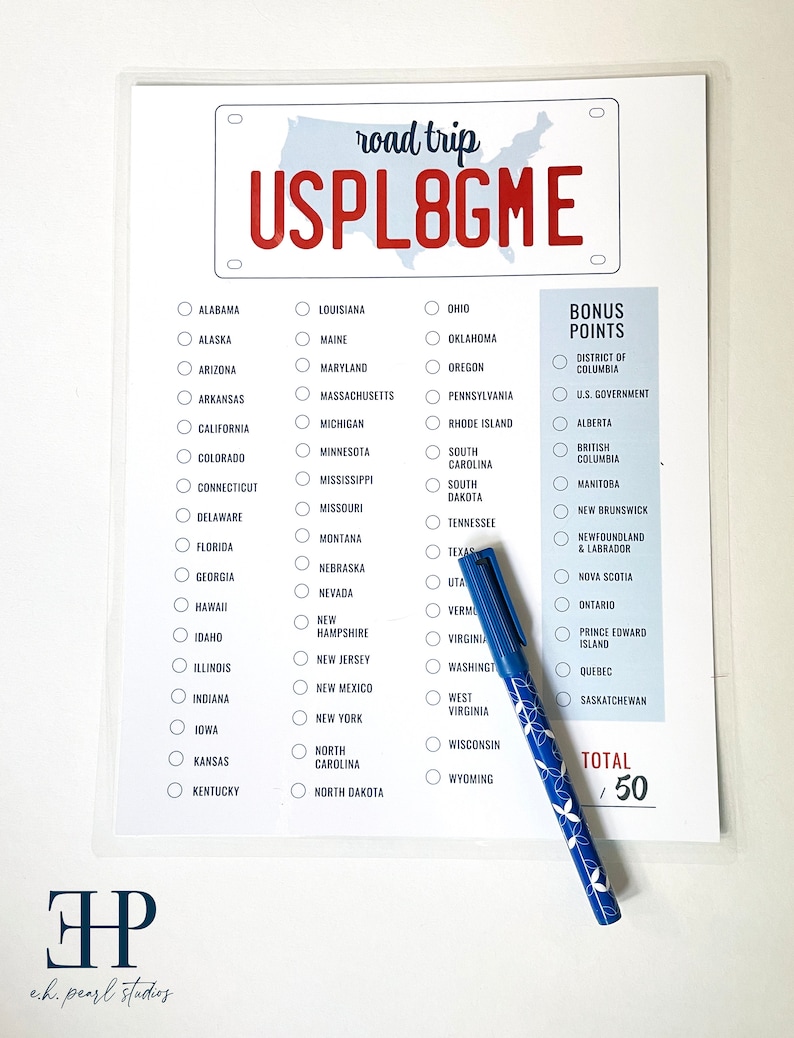 May include: A printable road trip checklist with a red, white, and blue USPL8GME license plate design. The checklist includes a list of states and provinces to check off, along with bonus points for visiting certain locations. The total points possible is 50.
