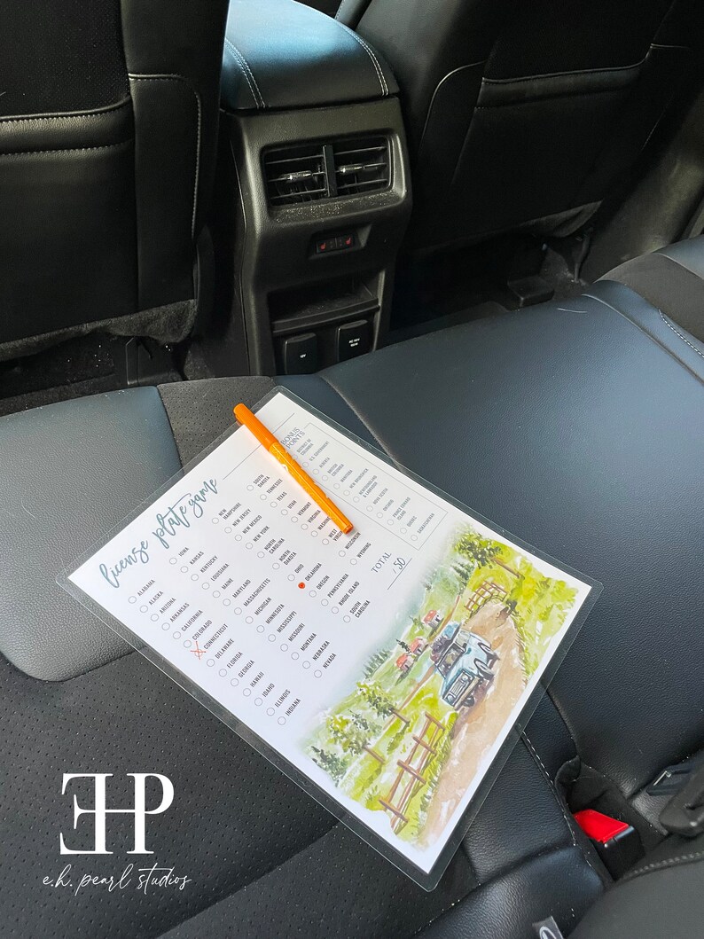 May include: A printable license plate game with a watercolor illustration of a rural landscape. The game features a checklist of all 50 US states with a space to mark off each state. The total score is 50.