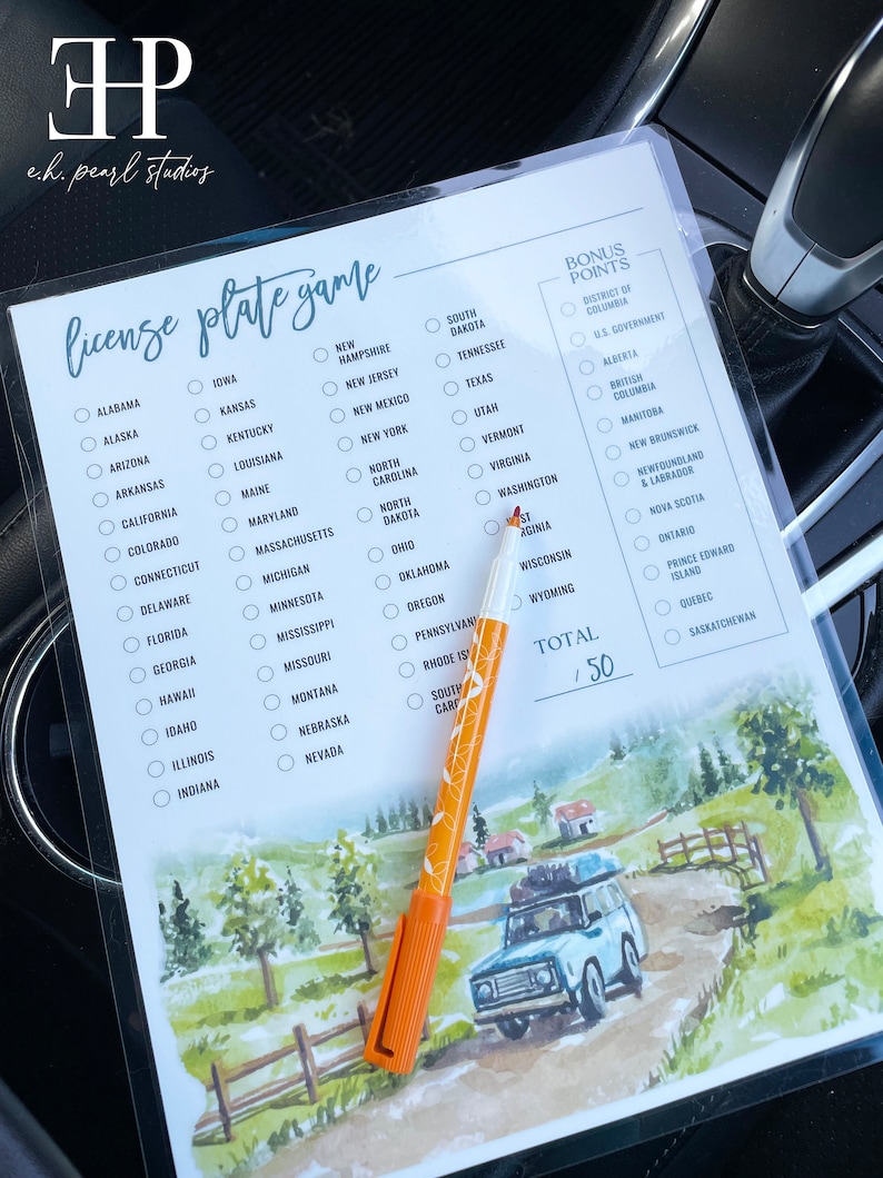 May include: A printable license plate game with a list of states and provinces to check off. The game includes a bonus points section for states and provinces outside of the US. The game is illustrated with a watercolor painting of a car driving through a rural landscape.