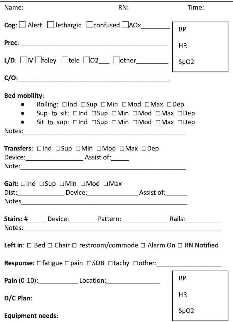 Acute Care Physical Therapy Note Sheet | ICU & Med-surg PT | 4-up Daily Documentation ...