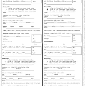 May include: A white and black Acute Care Physical Therapy Note Sheet for ICU and MED-SURG PT. The form includes sections for patient information, bed mobility, transfers, gait, and pain levels. It is a digital download.