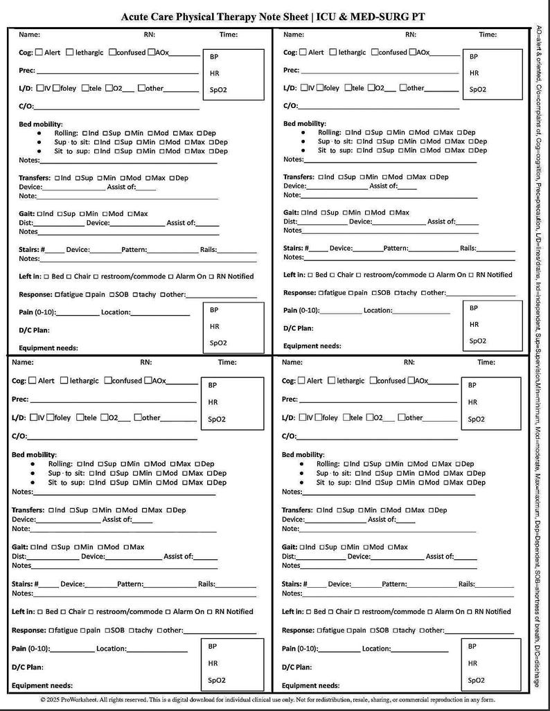 Physical Note Collection Acute Care Physical Therapy Note Sheet | ICU & Med-surg PT | 4-up Daily ...