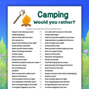 Peut inclure: Jeu "Préféreriez-vous ?" sur le thème du camping, sur fond blanc. Le jeu présente un dessin de feu de camp et une liste de scénarios de plein air. Le fond a un ciel bleu et des arbres verts.
