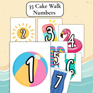 Könnte beinhalten: Karten mit den Zahlen 1-7 und Illustrationen wie Sonne, Eis am Stiel, Flamingo, Flip-Flops und Badeanzug. Der Text oben lautet "35 Cake Walk Numbers". Der Hintergrund ist hellgelb.
