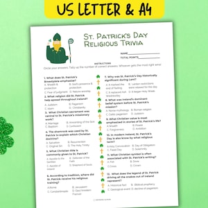 Może przedstawiać: Arkusz do gry w quiz o Dniu Świętego Patryka z tytułem "St. Patrick's Day Religious Trivia" w czarnym tekście. Arkusz zawiera pytania quizowe, opcje odpowiedzi i instrukcje. Na górze arkusza znajduje się tekst "US LETTER & A4".