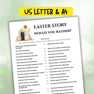 May include: A white paper with the text "Easter Story Would You Rather?" and a yellow banner that says "US LETTER & A4". The paper has a list of questions about the Easter story, with options to choose from.